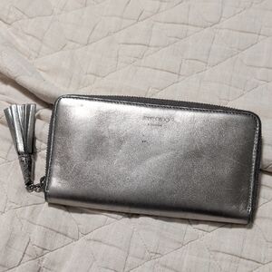 Jimmy Choo Athini metallic silver gunmetal gray zip around wallet